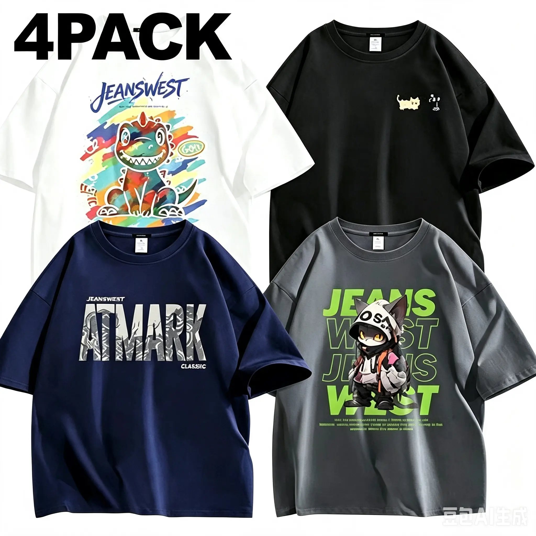 4 Pack Value Set! Cute Cartoon Graphic Cotton T Shirts For Men & WomenS-5XL Acid Wash Graphic T-Shirt, Women’s Casual Round Neck Short Sleeve Heavy Cotton Tee, Distressed Vintage Streetwear Top
