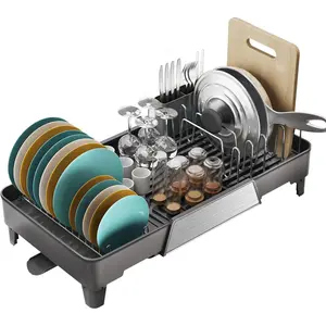 Large Expandable Dish Drying Rack, Dish Racks for Kitchen Counter, Space Saving & Rust Resistant Dish Drainer with Removable Drainboard & Utensil Holder, Adjustable Length 16.4 to 24.4 Inches