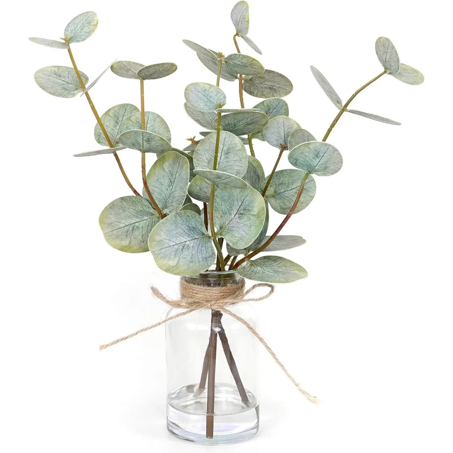 3Pcs Artificial Eucalyptus Stems in Glass Vase with Faux Water, Double-Sided Green Leaves Fake Plant for Table Centerpiece Home Decor