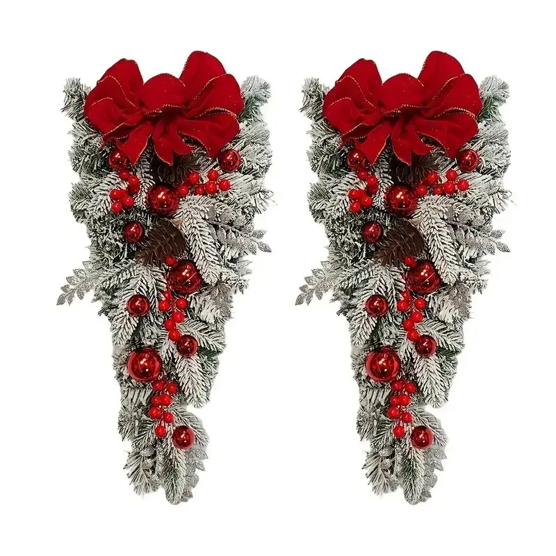2-Piece Large Christmas Wreath Decoration Set, Bow, Non-Woven Leaves, 23.6 Inch Durable Plastic, Indoor Outdoor Holiday Decor, Front Door Wreaths