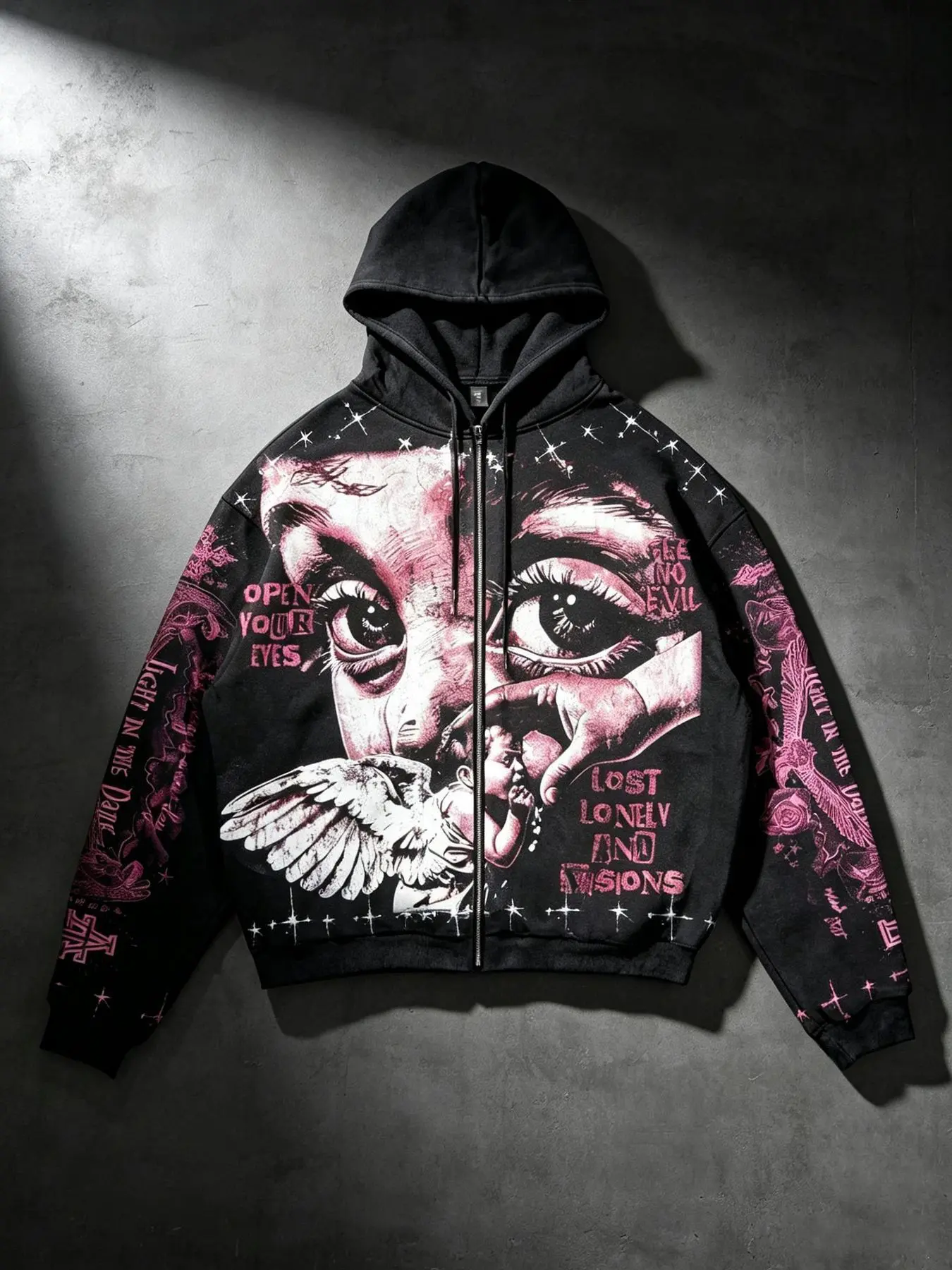 Pink portrait angel wings star-patterned distressed print zip-up cardigan sweatshirt, loose fit, versatile unisex zip-up cardigan hoodie, American high street style, everyday street style, fleece-lined sweatshirt, fashionable and trendy street wear.