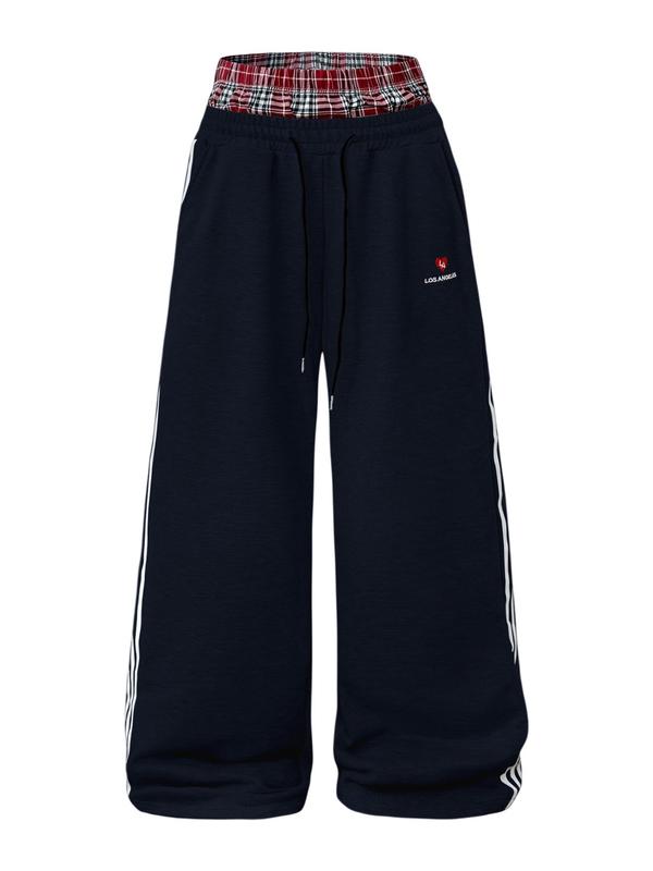 Men's Baggy Sweatpants High Waisted with Plaid Waistband, Trendy Wide Leg Lounge Pants, Casual Streetwear Joggers with Side Stripes