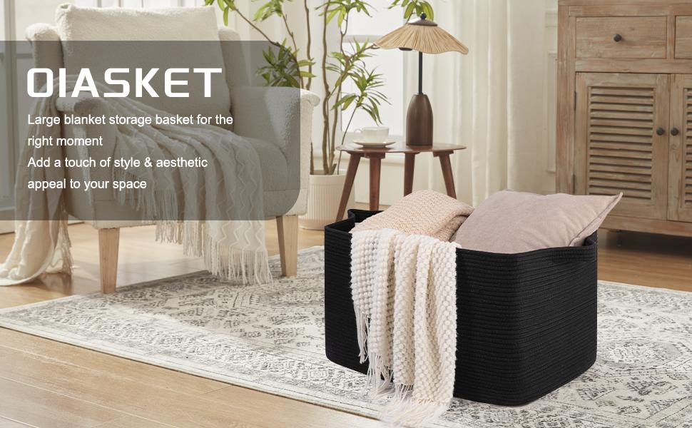 95L Extra Large Blanket Basket, 24" x 16.9" x 14.2" Woven Storage Basket for Living Room, Rectangle Nursery Blanket Storage for Toys, Towels, Dirty Clothes (Black)