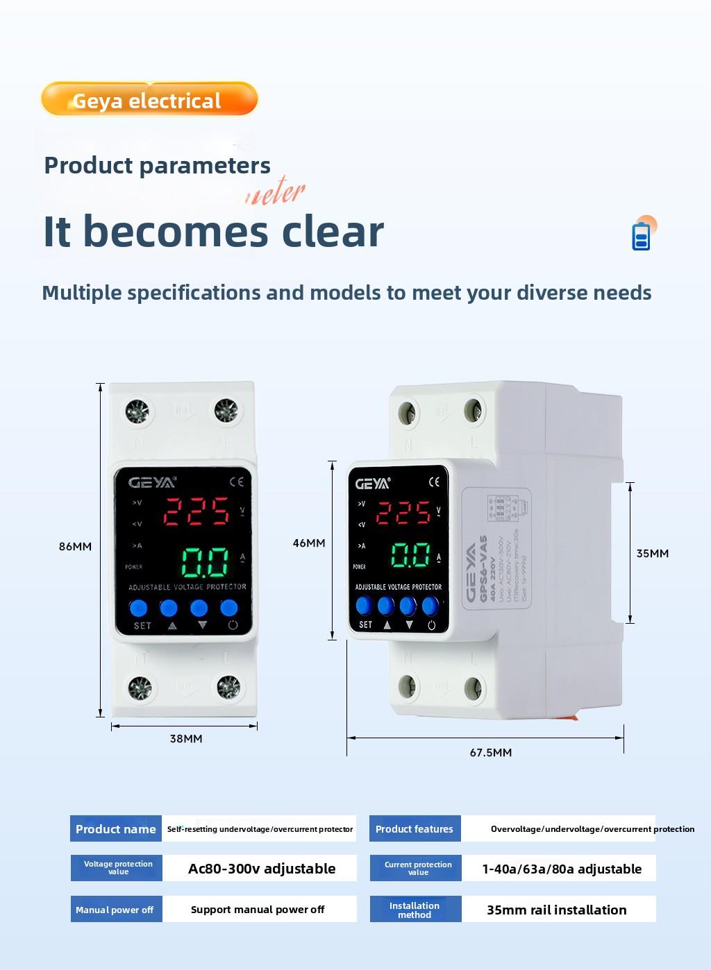 63A 2P Smart Voltage Protector, 110V/220V Adjustable Over/Under Voltage Relay with Energy Monitoring, Power Metering & Auto-Reset