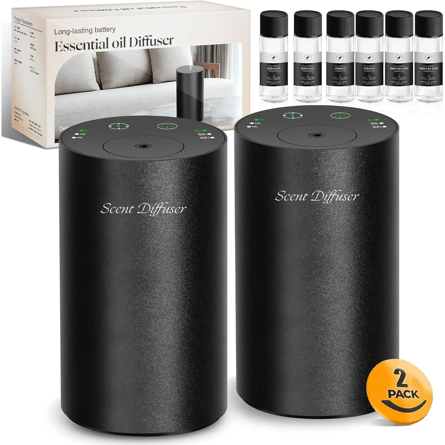 2-Pack Black Portable Waterless Essential Oil Diffuser Starter Kit - Battery-Operated Mini Scent Air Machine, 3x20ML Essential Oils Included, Camping Home Car Aromatherapy Device
