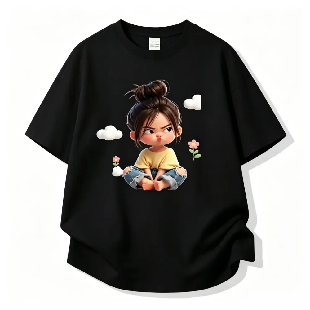 Women's Sassy Cartoon Girl & Clouds Graphic T-Shirt - Shortleeve Crewneck, Fitted, Elastic, Comfortable, Cute Pink Aesthetic, Premium Cotton, Beach Casual Tee, Spring Glow Up Vibes, Summerwins, Shortsleeve, Fabric, Women's Tops, Cute Shirts, Anniversary,