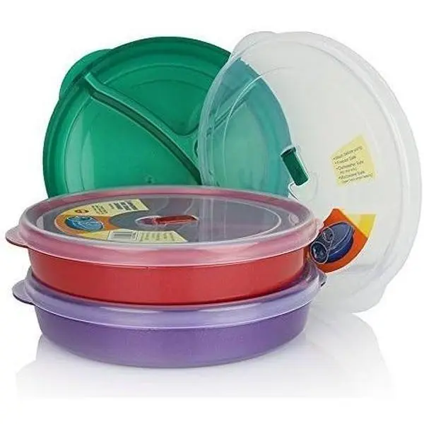 Regent Products (Set of 3) Microwave  Storage Tray Containers - 3 Section/Compartment Divided Plates w/Vented Lid