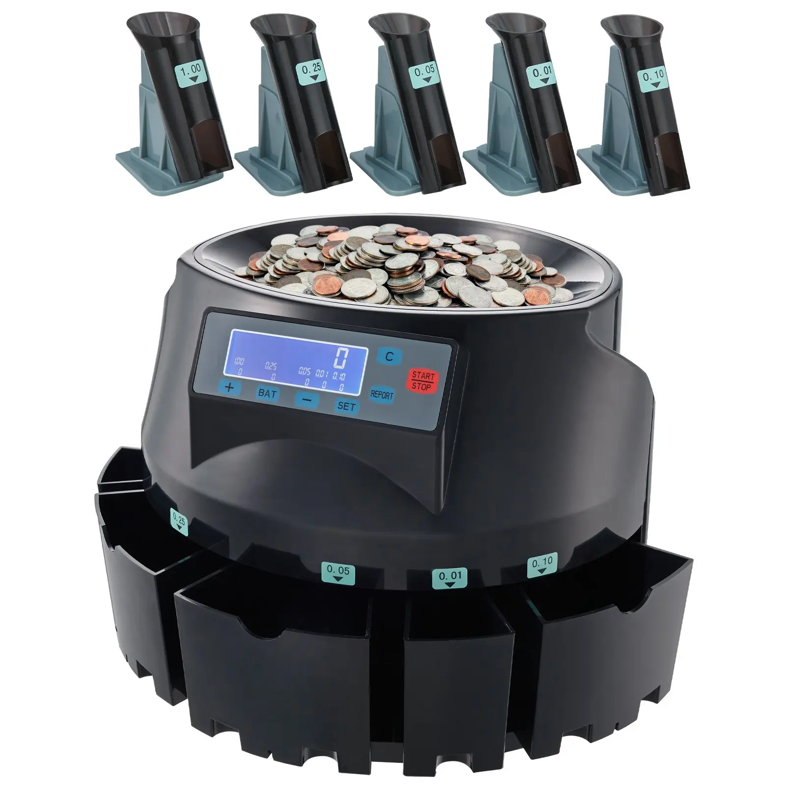 【DealsForYouDays】VEVOR USD Coin Counter Coin Sorters with LCD Display, Coin Sorter Machine for USD Coin 1 5 10 25 1, Sorts up to 300 Coins/min, Change Counter Holds 2000 Coins Included 5 Coin Bins 5 Tubes