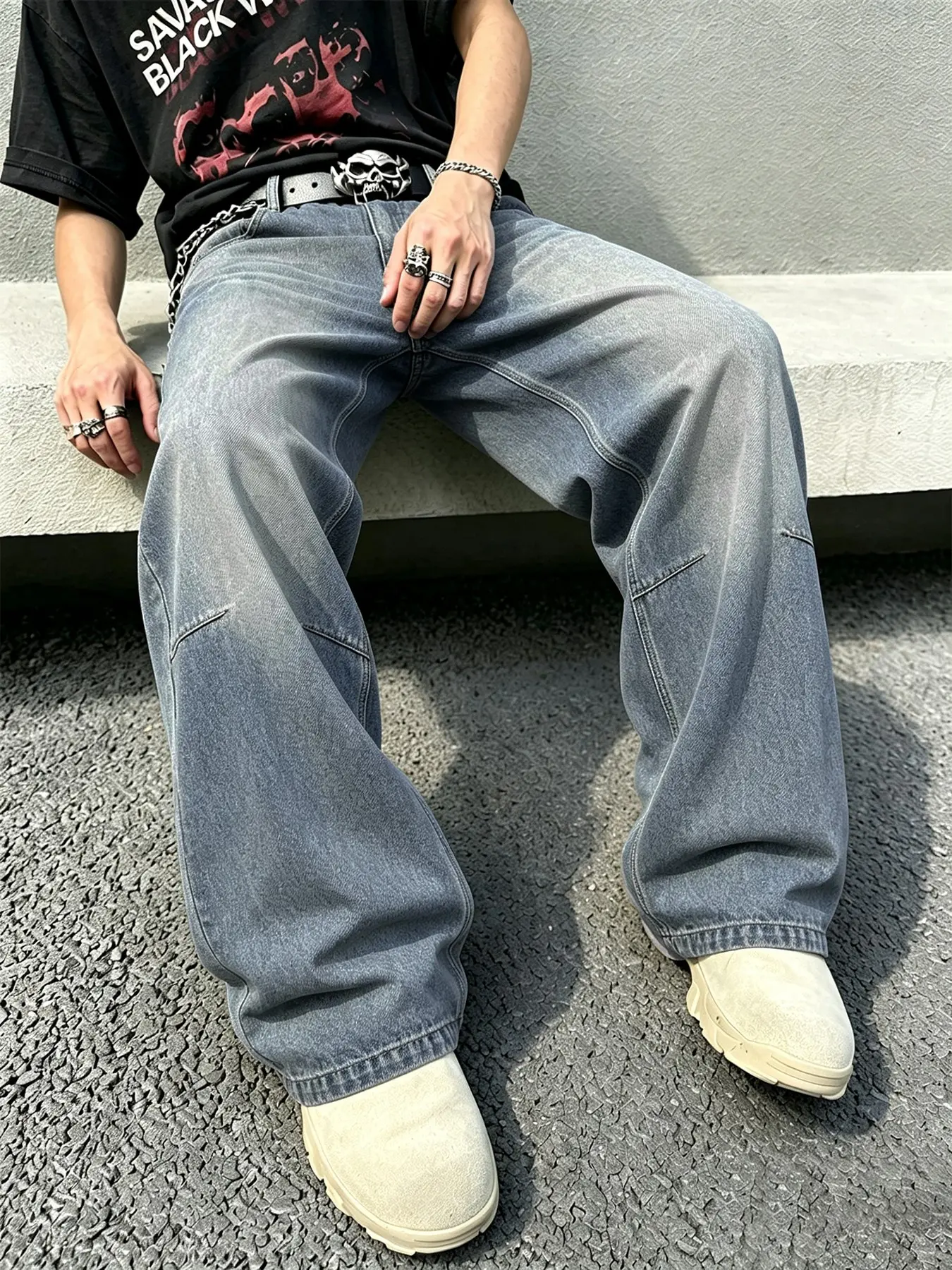 Men's Y2K Retro Wide Leg Jeans, Vintage Washed Patchwork Stitching, Loose Fit Streetwear Hip Hop Long Pants, Fashionable Denim Trousers