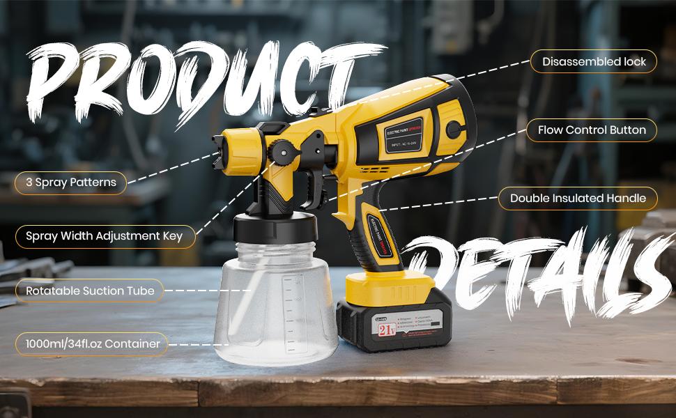 2025 Sprayer with 650W Copper Motor, Sprayer Gun with 6 Brass Nozzles, 2 Batteries & 1000ml Container, Sprayer for Painting Graffiti Fence Wall