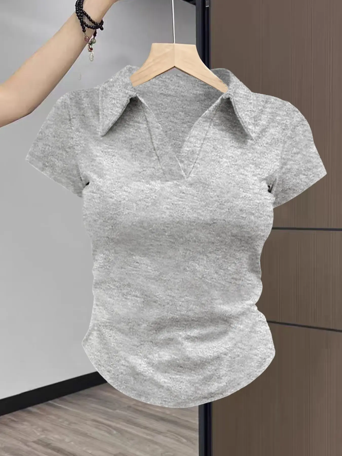 Spring Summer Pointed Collar V Neck Short Sleeve Polo Top, Side Pleat Waist Slim Fit Women's T-Shirt, Casual All Season