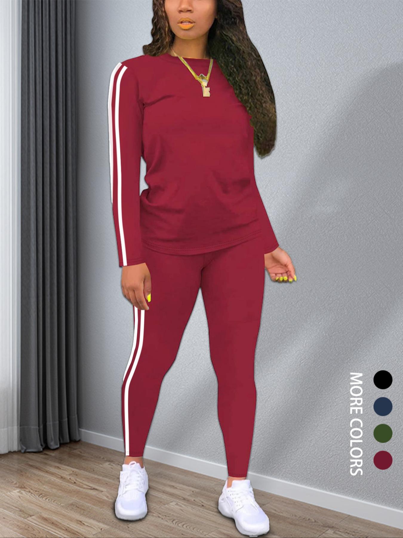 Women's Striped Print Long Sleeve Top & Pants Two-piece Set, Casual Fashion Cozy Round Neck Top & Trousers for Daily Outdoor Wear, Ladies Clothes for Spring