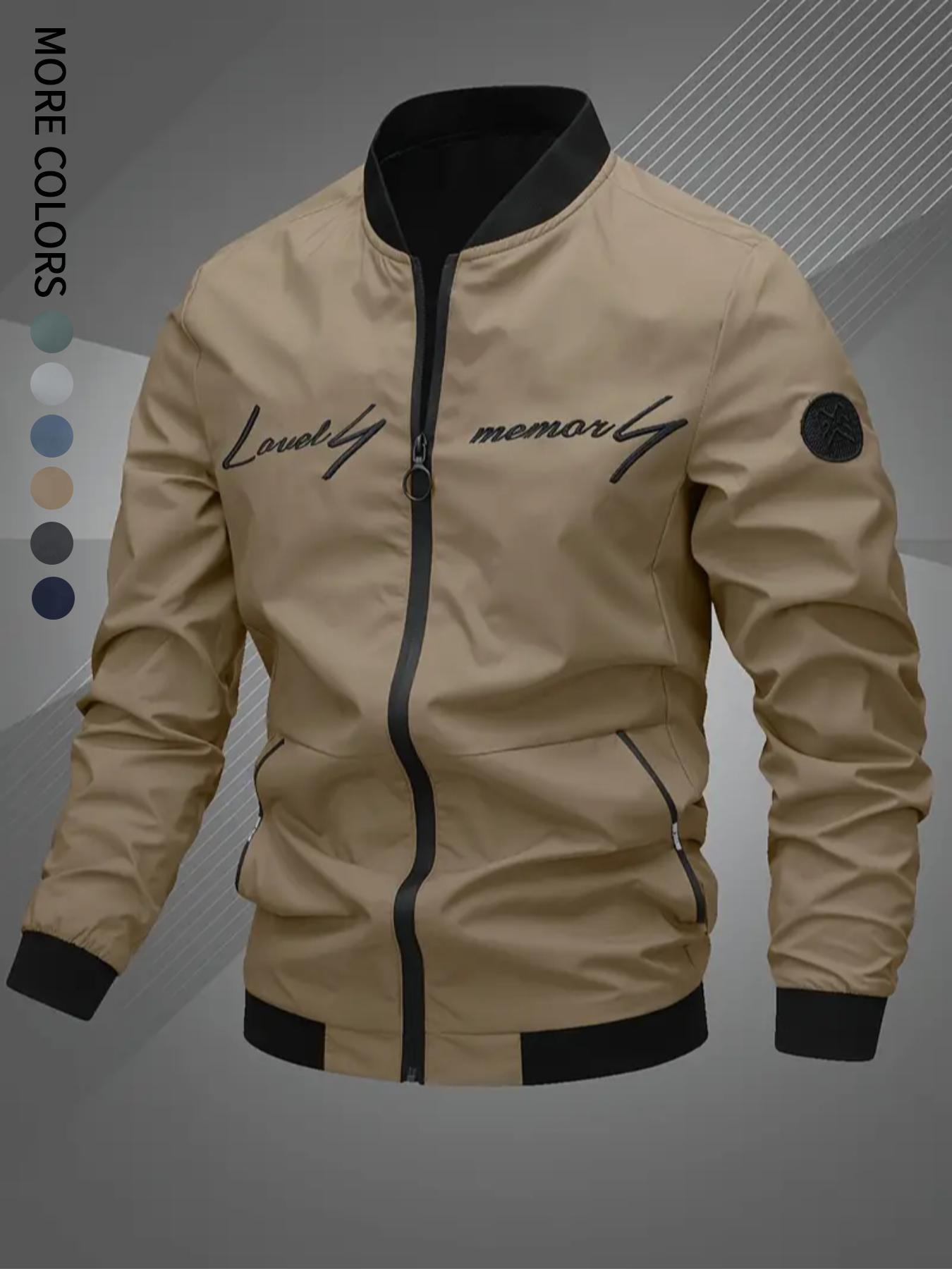 Men's Regular Fit Letter Embroidery Zip Up Bomber Jacket, Casual Long Sleeve Windproof Baseball Collar Outerwear for Fall & Winter, Men's Clothes for Daily Wear, Jackets for Men, Coat