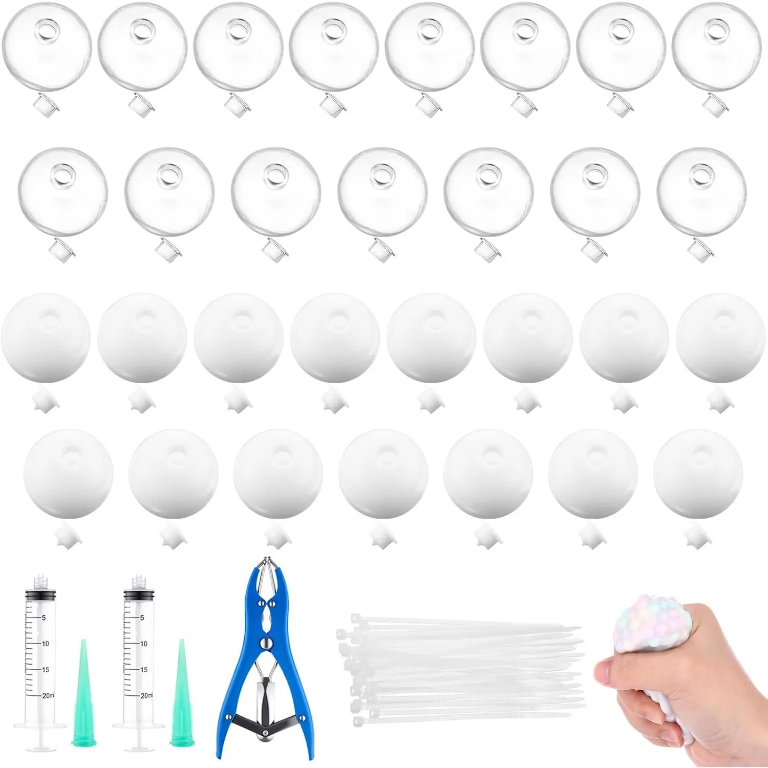 30 Pcs DIY Stress Ball Making Kit, Blank Stress Pressure Ball Skin Kit with Vacuum Evacuating Device & Expander Tool Make Your Own Fidget Toys for Adults(Milky and Clear)