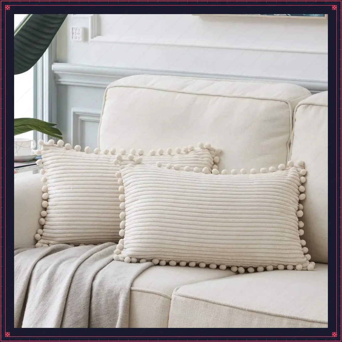 Pack of 2 Boho Rectangle Corduroy Decorative Throw Pillow Covers with Pom-Poms, Soft Solid Accent Cushion Covers for Couch Sofa Bedroom Car Living Room, 12x20 Inch/30x50 cm, CreamGift