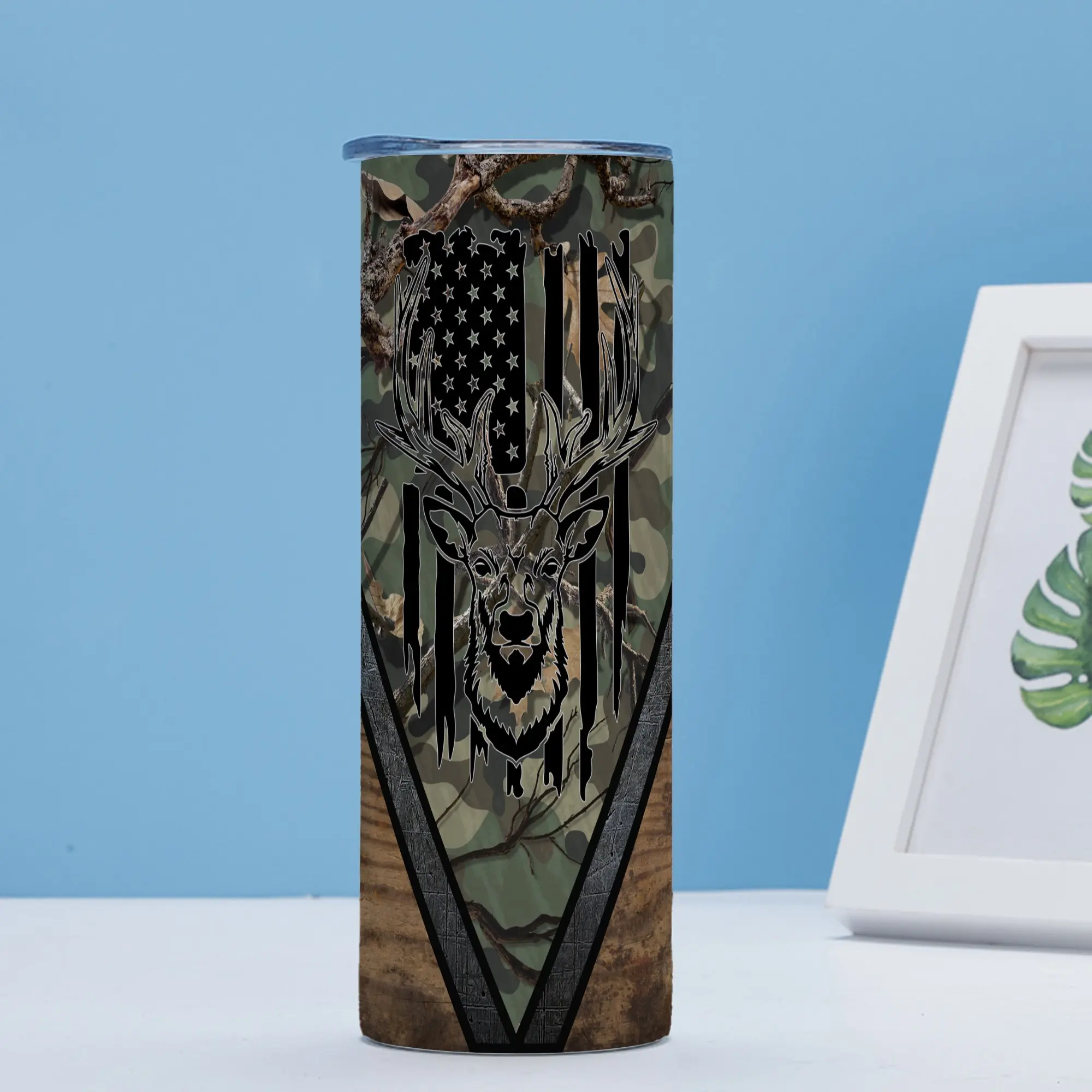 20oz Camo Deer American Flag Stainless Steel Skinny Tumbler Double Wall Vacuum Insulated Hunting Travel Coffee Cup, Leak Proof Lid, Realtree Camouflage Buck Antler Print, Gift For Hunter Outdoor Fishing Patriotic Men Dad