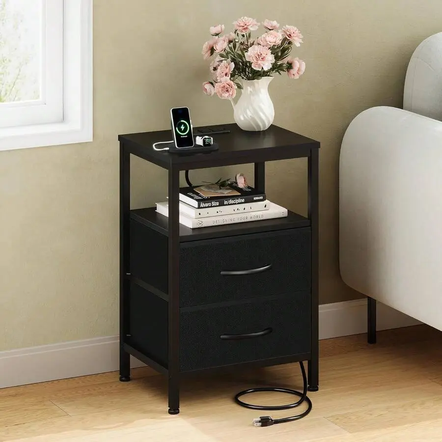 Carbon Steel Nightstand with Charging Station - Plug, 2 Power Outlets, USB Ports, 2 Drawers, Open Adjustable Shelf, Adjustable Feet, Sturdy Base, Storage Side Table, Easy Setup, Detailed Instruction Included, Compact Bedroom End Table, 2 Drawers / 2 Pcs