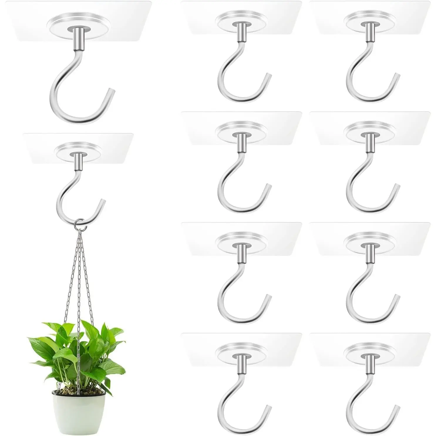 Adhesive Ceiling Hooks，10 Pack No Drill Ceiling Hanging Hook for Hanging Plants Lanterns,Wind Chimes Stainless Steel Outdoor Adhesive Hooks