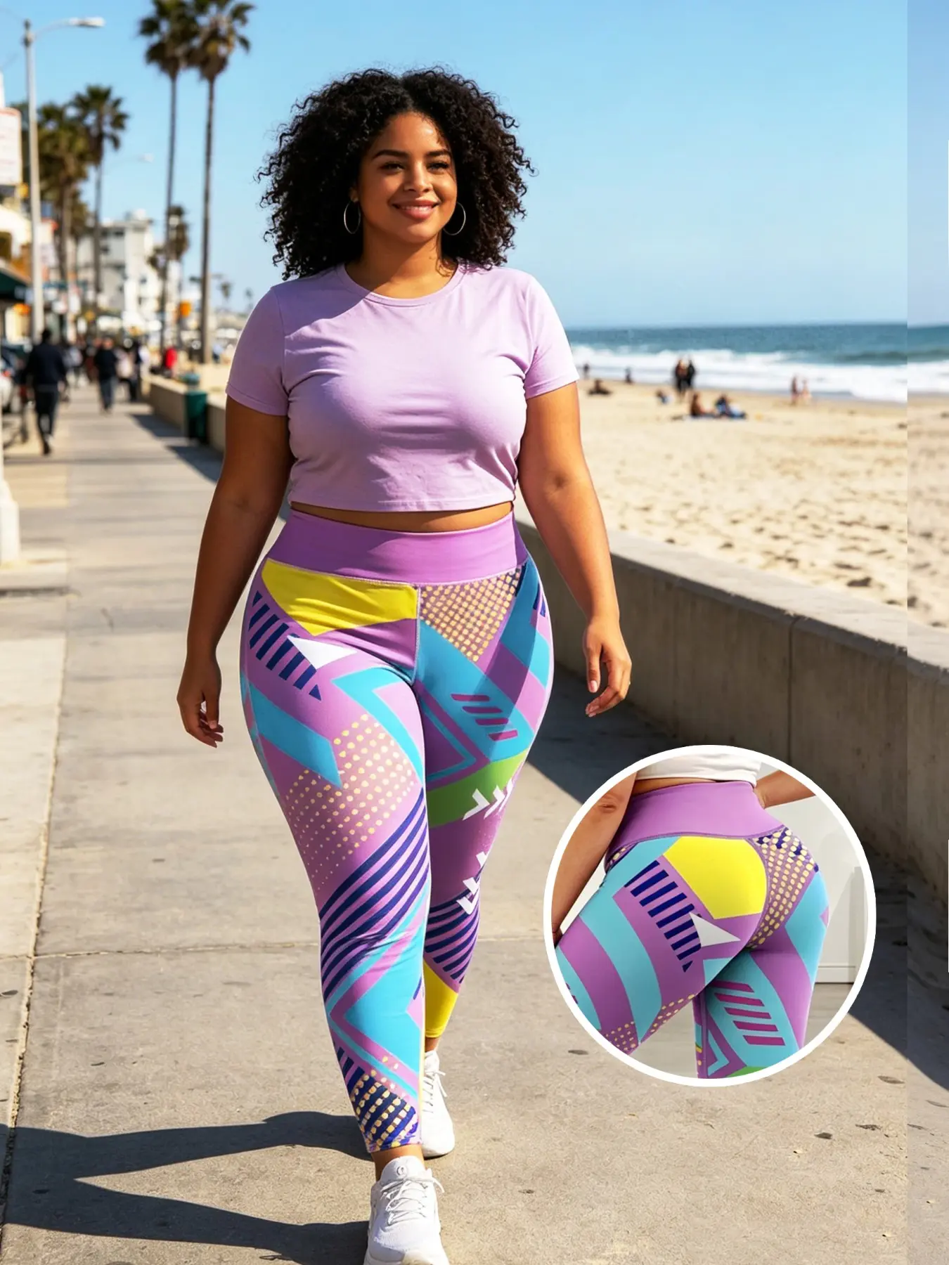 Plus-size women's leggings in lilac with a geometric polka dot pattern; printed, form-fitting yoga leggings, High stretch leggings. Highly elastic, high-waisted, breathable and comfortable for summer wear