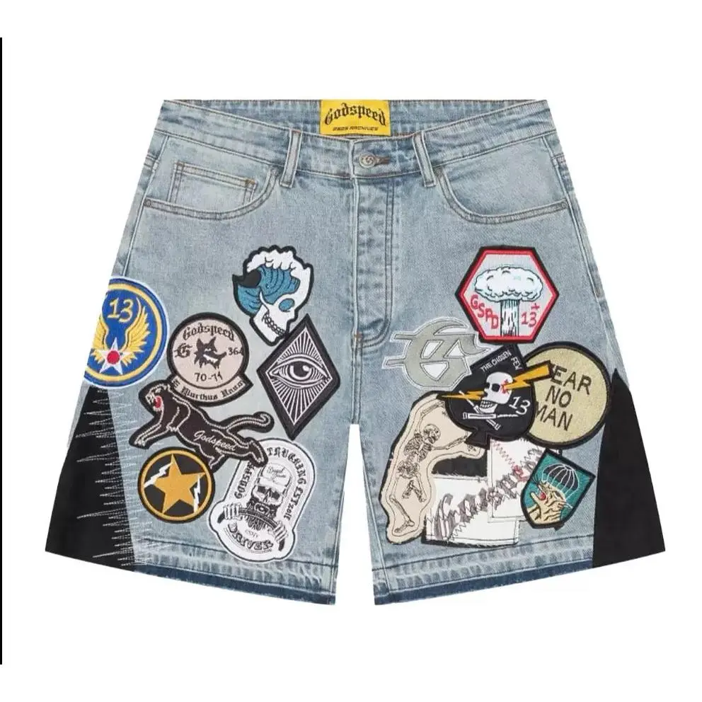 Godspeed Men's Oversized Baggy Embroidered Retro Multi-Patchwork Denim Shorts - Vintage Washed Black, Relaxed Fit, Casual Streetwear Hip Hop Bottoms, Baggy Embroidered Men's Shorts, Long Baggy Men's Shorts