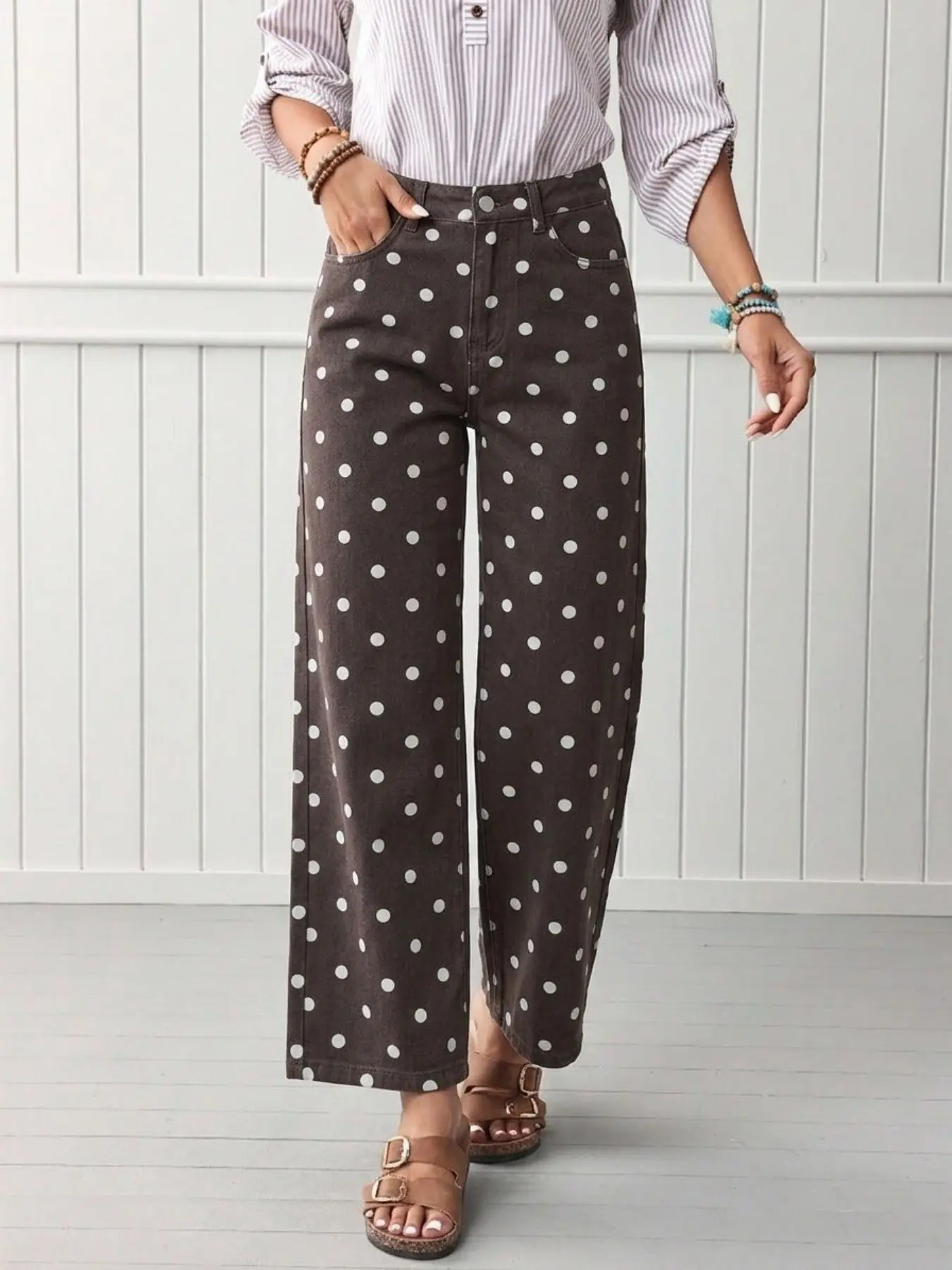 Lkuily Women's Charcoal All Over Polka Dot Wide Leg Floor Jeans, High Waist Loose Drape Straight Pants, Retro Elegant Slimming Versatile Trousers For Daily & Trip