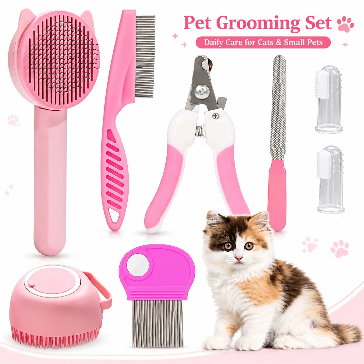 8-Piece Pet Grooming Kit, Dog Cat Brush Comb Set, Nail Clipper, Flea Comb, Bath Brush, Toothbrush, Blue/Pink Pet Care Tools