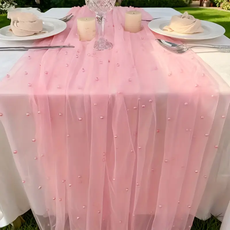 Fairy Snow Chiffon Lace Chic Table Runner, Exquisite Pearl Craftsmanship, Table Decoration for Wedding Banquets, Parties, Birthday Tables and Celebrations