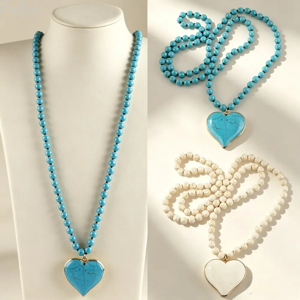 Women's Boho Vintage Turquoise Heart Beaded Pendant Necklace - 86-88cm Layered Chain, Allergy-Safe Blue Gemstone Artistic Coastal Boho Statement Costume Jewelry, Festival Beach Vacation Gifts, Boho Necklaces, Blue Gemstone Necklaces