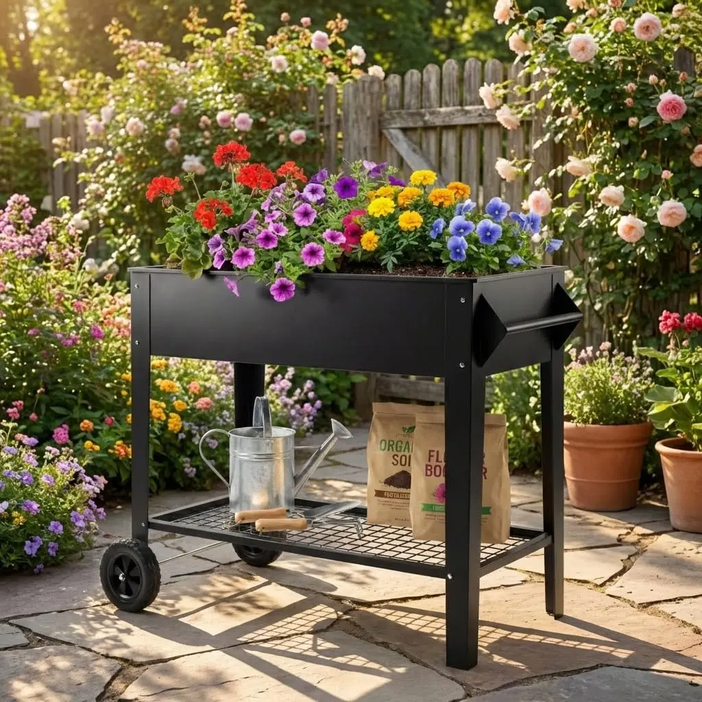 GARVEE 39" Steel Frame Elevated Garden Bed on Wheels, Heavy-Duty 400 Lbs Steel Planter with Bottom Shelf, Anti-Corrosion Design for Patio, Balcony Vegetable & Herb Growing