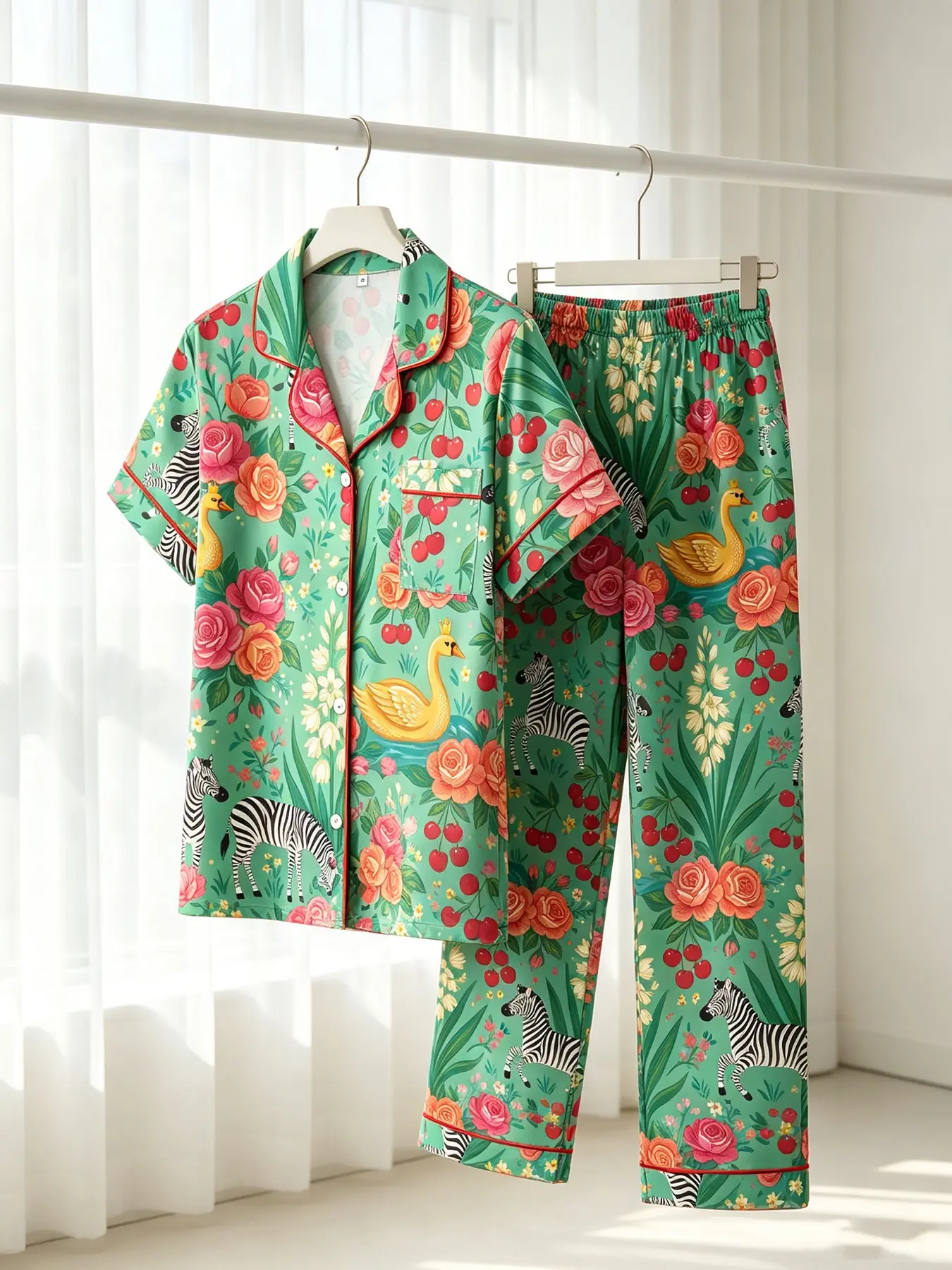 Women's 2-Piece Button Pajama Set, Bright Jungle Swan Zebra Floral Print, All Over Print, All Season Wear, Loose Comfort Fit, Versatile Retro Loungewear for Rest & Work