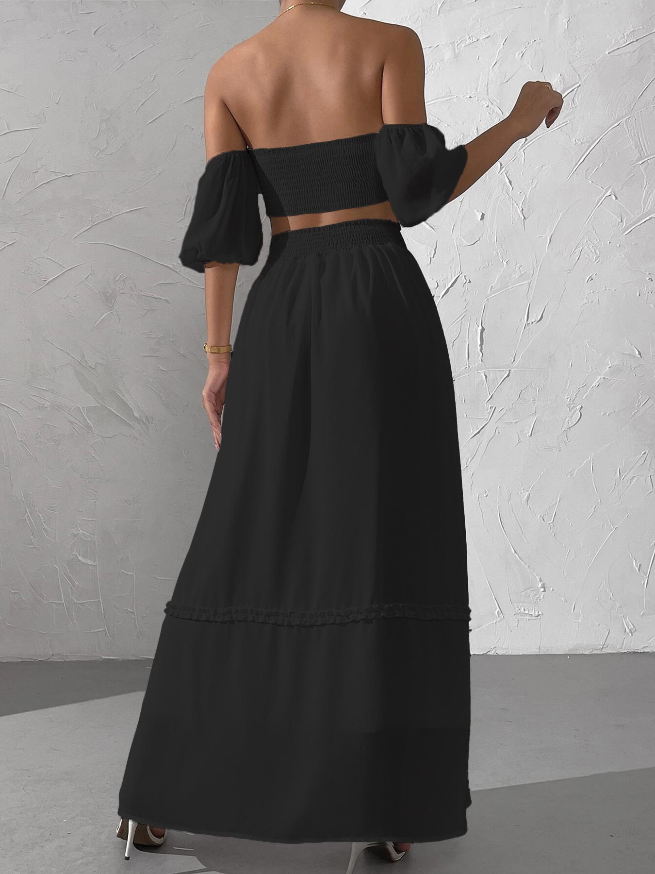 Women's Solid Off Shoulder Fitted Crop Top & Split Hem Skirt Two-Piece Set, Casual Fashion Cozy Two Piece Outfits for Daily Outdoor Wear, Ladies Clothes for All Seasons