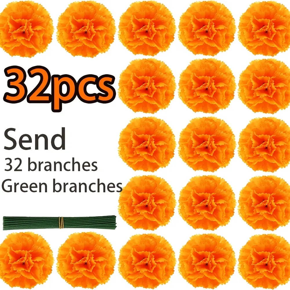 32pcs Artificial Marigold Flowers Suitable for Diwali, Day of the Dead, Weddings - Realistic Orange Marigold Heads with Stems, Plastic Table Garland Decor for Indian Wedding, Party, for Decoration (No Container Included), christmas decor