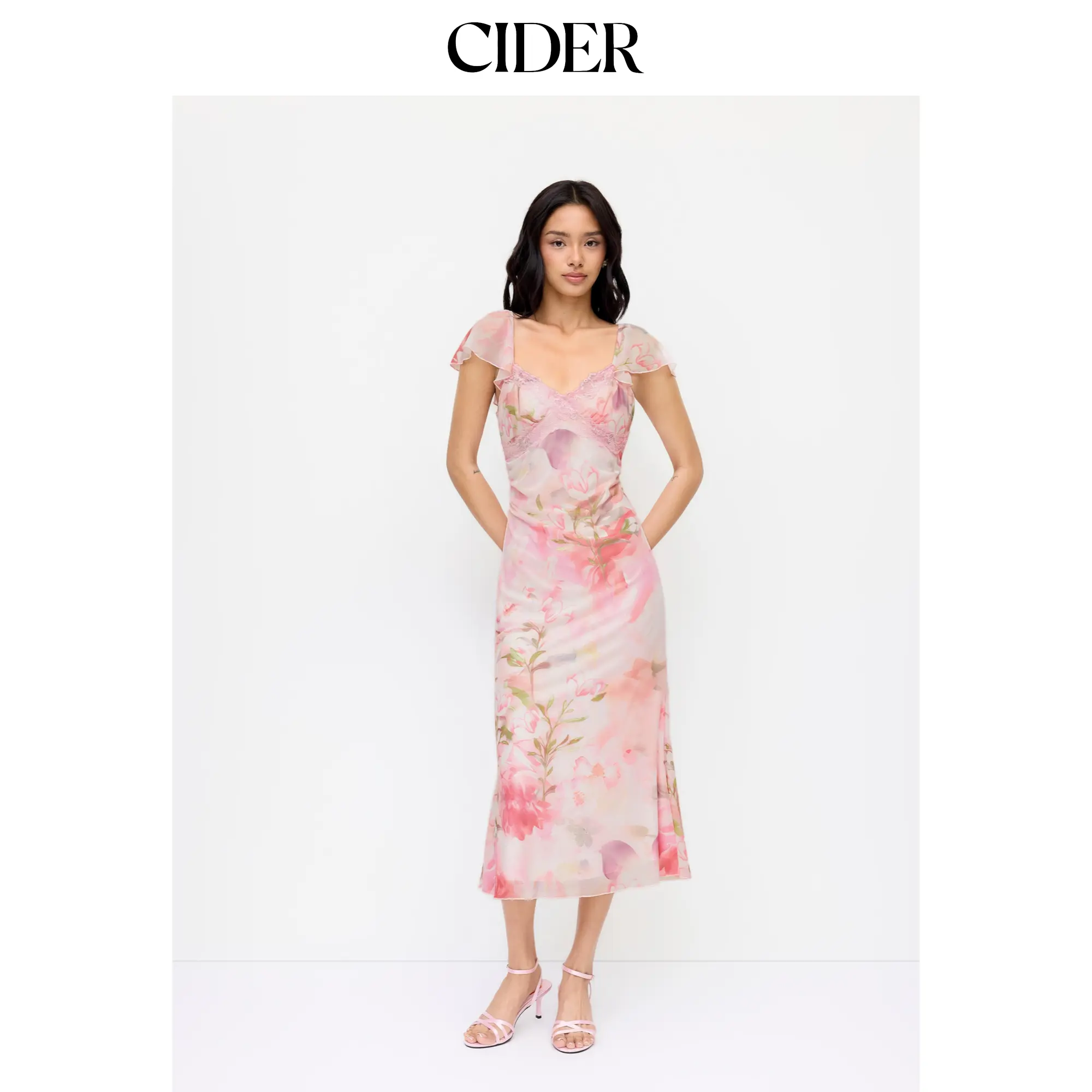 Cider Mesh Sweetheart Floral Ruffle sleeve Mermaid Maxi Dress