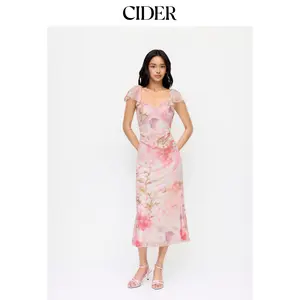 Cider Mesh Sweetheart Floral Ruffle sleeve Mermaid Maxi Dress