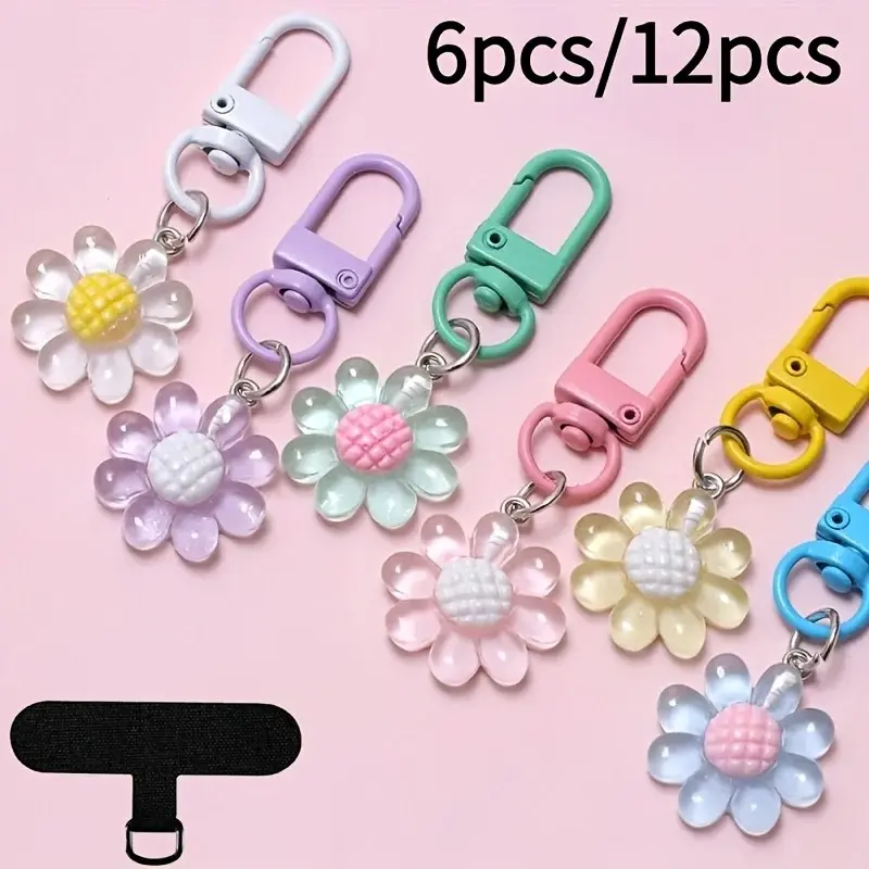 6/12/24pcs Colorful Transparent Flower Keychain, Cute Phone Accessory, Multi-Functional Clip for Keys, Phone, Bag, Camera, USB, ID Badge