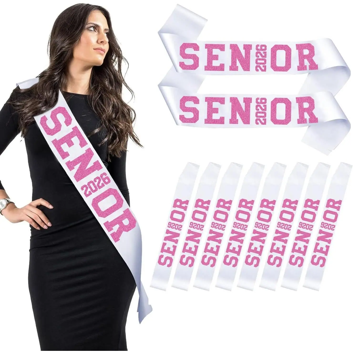 10Pcs White Senior 2026 Satin Sashes with Pink Glitter Letters- 2026 Graduation Celebrations Sashes - Senior Cheer Sash - Cheerleader Sash - Class Competition Sashes
