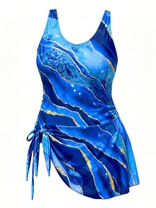 Plus Size Marble Pattern One-Piece Swimsuit, Asymmetric Tie-Side Belly Concealment, High Stretch Quick-Dry Swimwear