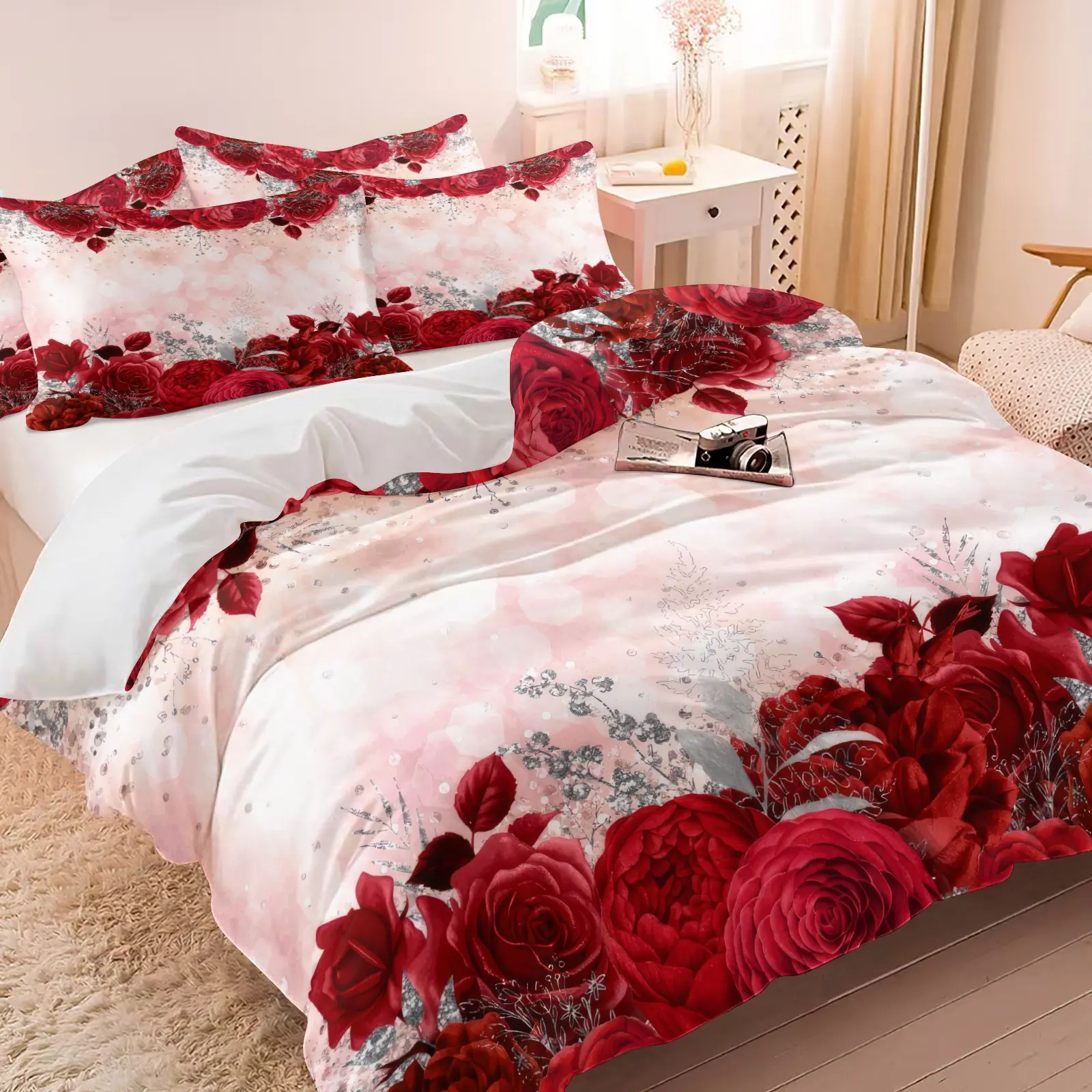 Luxurious Romantic Rose Floral Duvet Cover Set, Silver Color Border Print, Soft Comfortable Fabric, Perfect Valentine's Day Gift, Elegant Bedroom Decor, Print Bedding Set