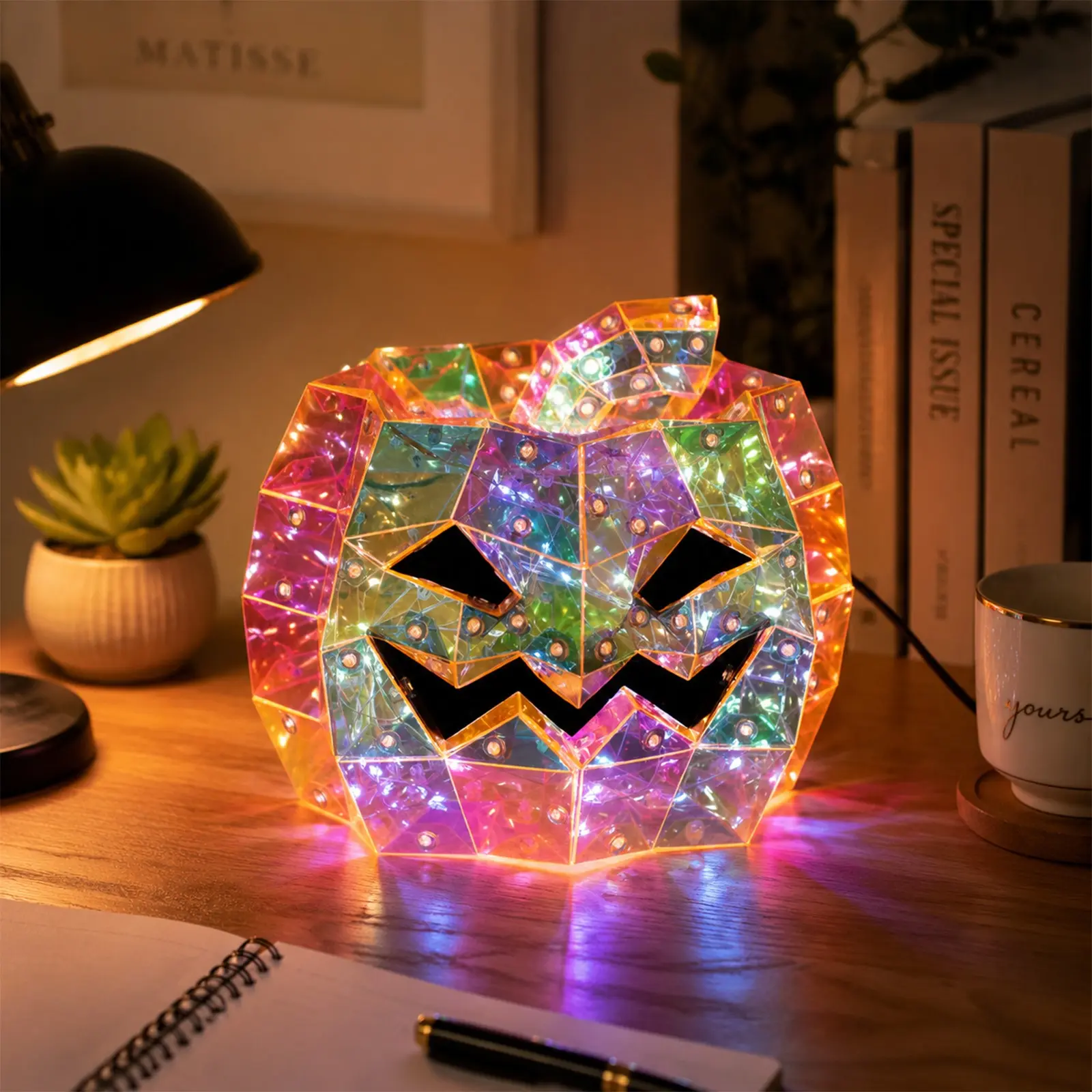 Color-changing light-up square pumpkin lantern tabletop ornament—a creative gift and atmospheric Halloween home decoration; includes a USB power cord with an on/off switch