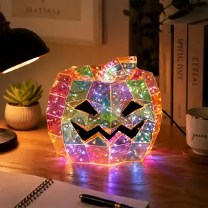 Color-changing light-up square pumpkin lantern tabletop ornament—a creative gift and atmospheric Halloween home decoration; includes a USB power cord with an on/off switch