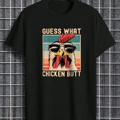 Men's Regular Fit Letter & Chicken Print Round Neck Tee, Summer Clothes Casual Soft Comfortable Short Sleeve T-shirt For Daily Wear, Men's Top For Summer, Casual Matching Clothing