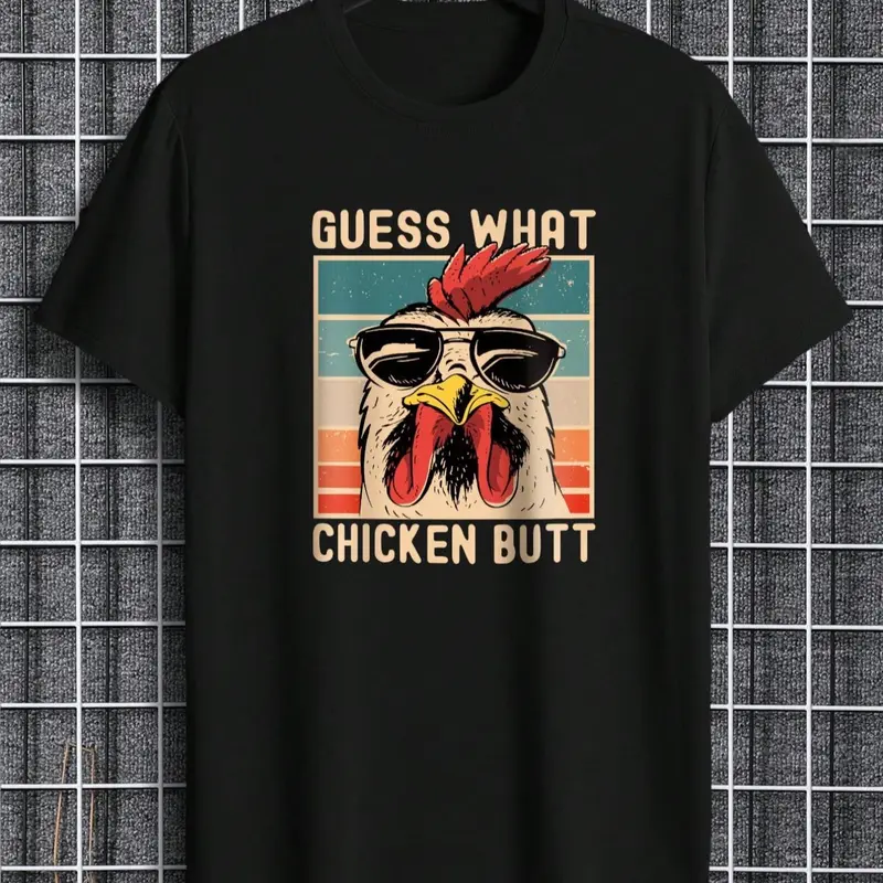 Men's Regular Fit Letter & Chicken Print Round Neck Tee, Summer Clothes Casual Soft Comfortable Short Sleeve T-shirt For Daily Wear, Men's Top For Summer, Casual Matching Clothing