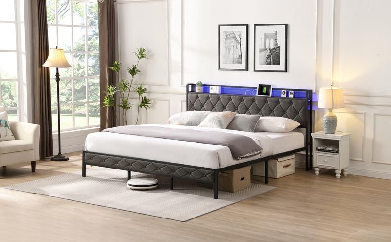 Bellemave Full/Queen/King Bed Frame with Storage Headboard Charging Station & LED Lights Upholstered Platform No Box Spring Needed Noise Free Easy Assembly Dark Gray