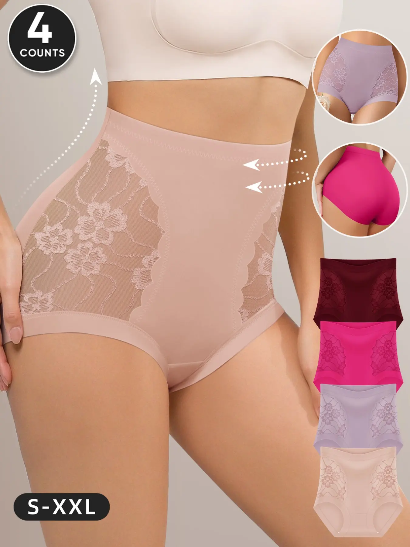 4-Pack Floral Lace Women's Underwear, Breathable Fitted Panties S-Xxl, Casual Plain Design, All Seasons Wear, Comfortable Daily Lingerie