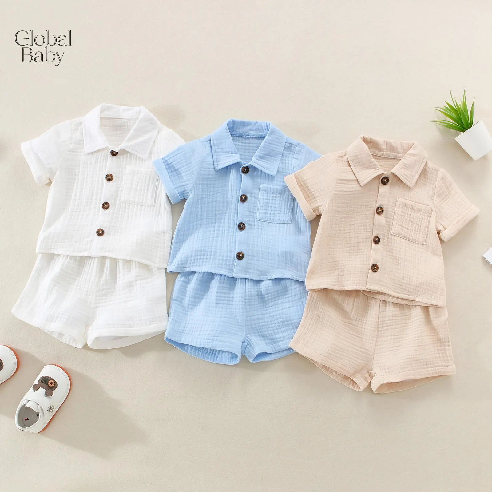 Toddler Baby 2Pcs Summer Outfits, Short Sleeve Button Down Lapel Shirt + Shorts Set