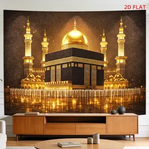 2D Flat, [2D Plane Printing] 1 Large Size/small Size Pattern Printed Tapestry- Kaaba, Mecca, Sacred, Islamic, Golden Domes, Room Wall Decoration, Non-luminous, Suitable for, Living Room, Meditation, Office, Party Decoration