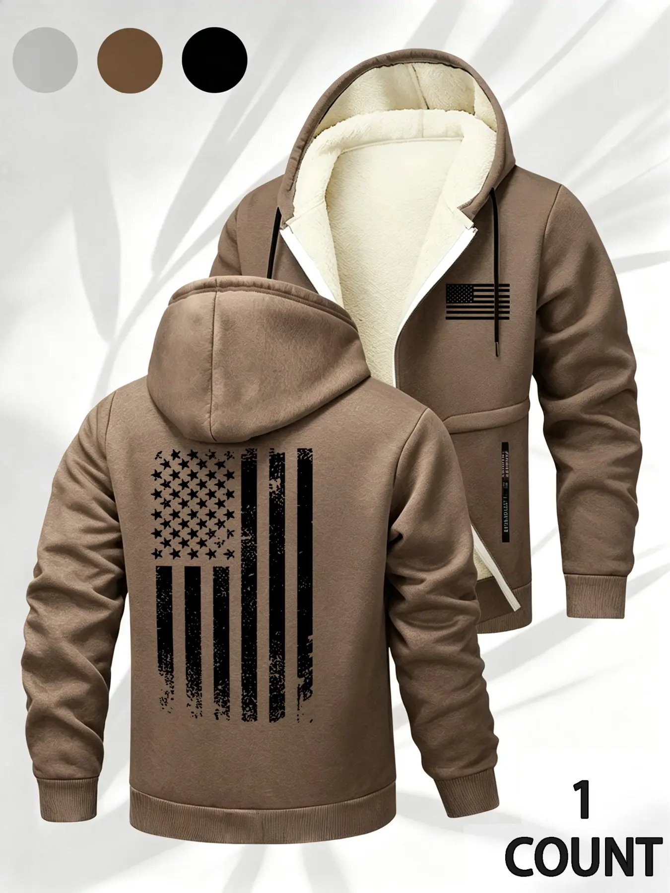 Men's Fall Winter Hooded Jacket, Sheepskin Lining, Flag Print, Zipper Closure, Casual Long Sleeve Hoodie, Fashion Sport Design, Perfect for Autumn Winter