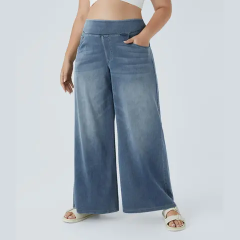 Halara Flex™ High Waisted Pockets Baggy Wide Leg Washed Casual Plus Size Jeans
