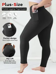 Women's Plus Size High Waist Tight Pants, Abdominal Control, High Elasticity, Side Pockets, Soft, Casual, All Seasons, Yoga, Gym