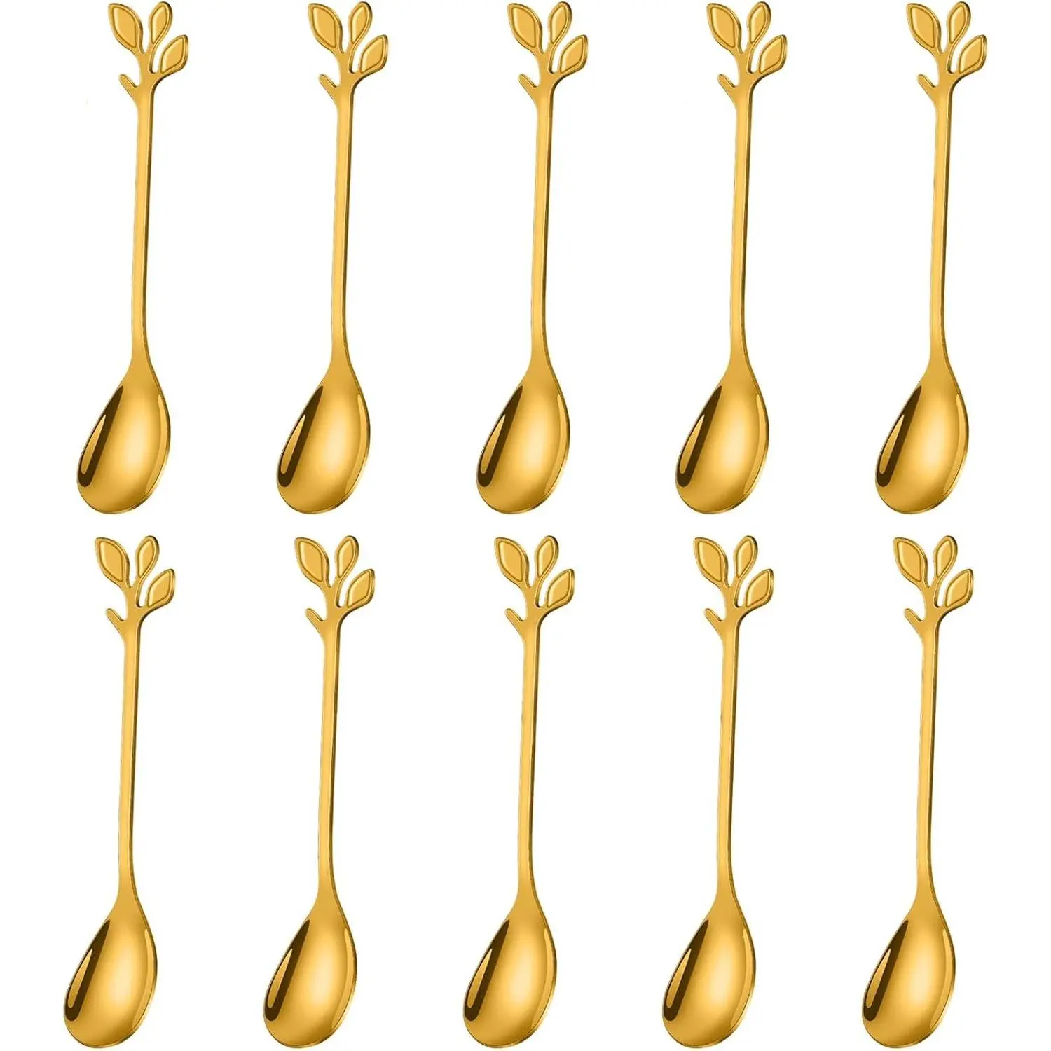 AnSaw Elegant Gold Leaf Handle Coffee Spoons - 10-Piece, 4.7" Mini Spoon | Stainless Steel Spoons,Small Spoons,Espresso Spoons,Tea Spoons,Dessert Spoons,Demitasse Spoons